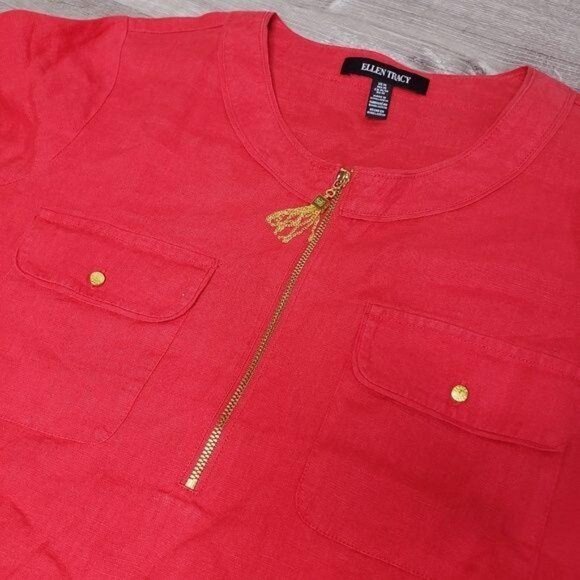 Ellen Tracy NWT Womens Red Linen Blouse With Gold Zipper & Button Detail Size M - Picture 2 of 8